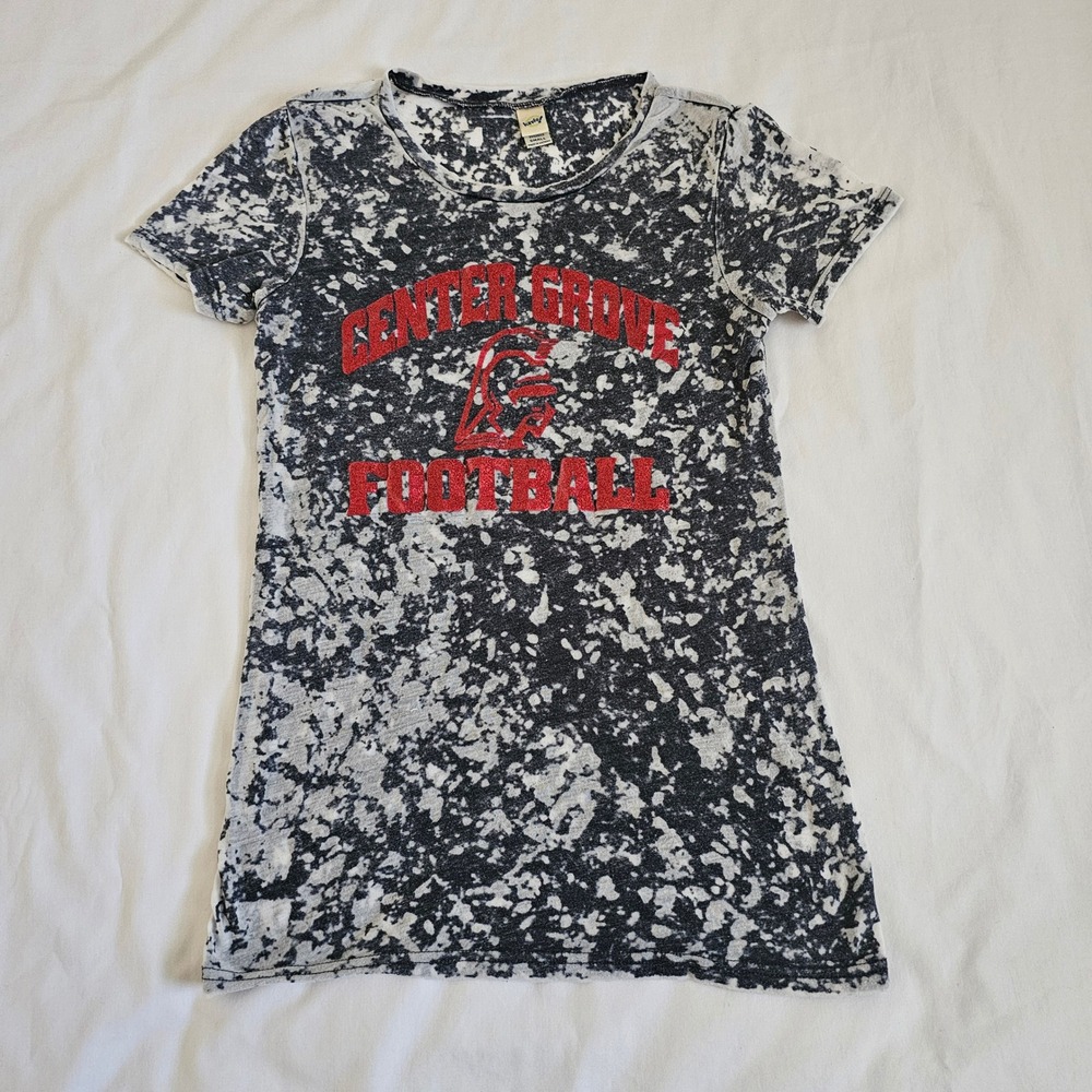 Kavio T-Shirt Womens Small Black White Acid Wash Center Grove Football Boho